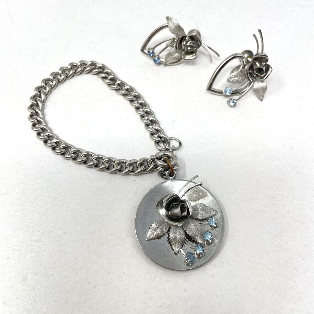 Vintage Karu Arke Floral Bracelet & Earrings‎ Set Silver Tone Blue Rhinestones